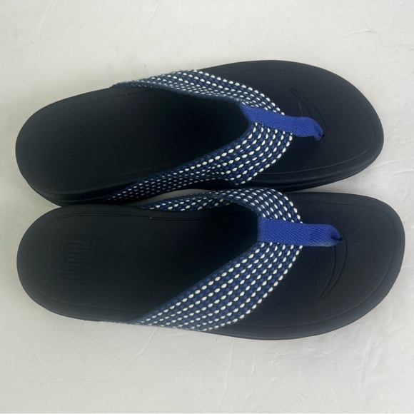 Fitflop Womens 10 Surfa Toe Posts Wedge Sandal Blue White Comfy Casual Flip Flop - Picture 12 of 12